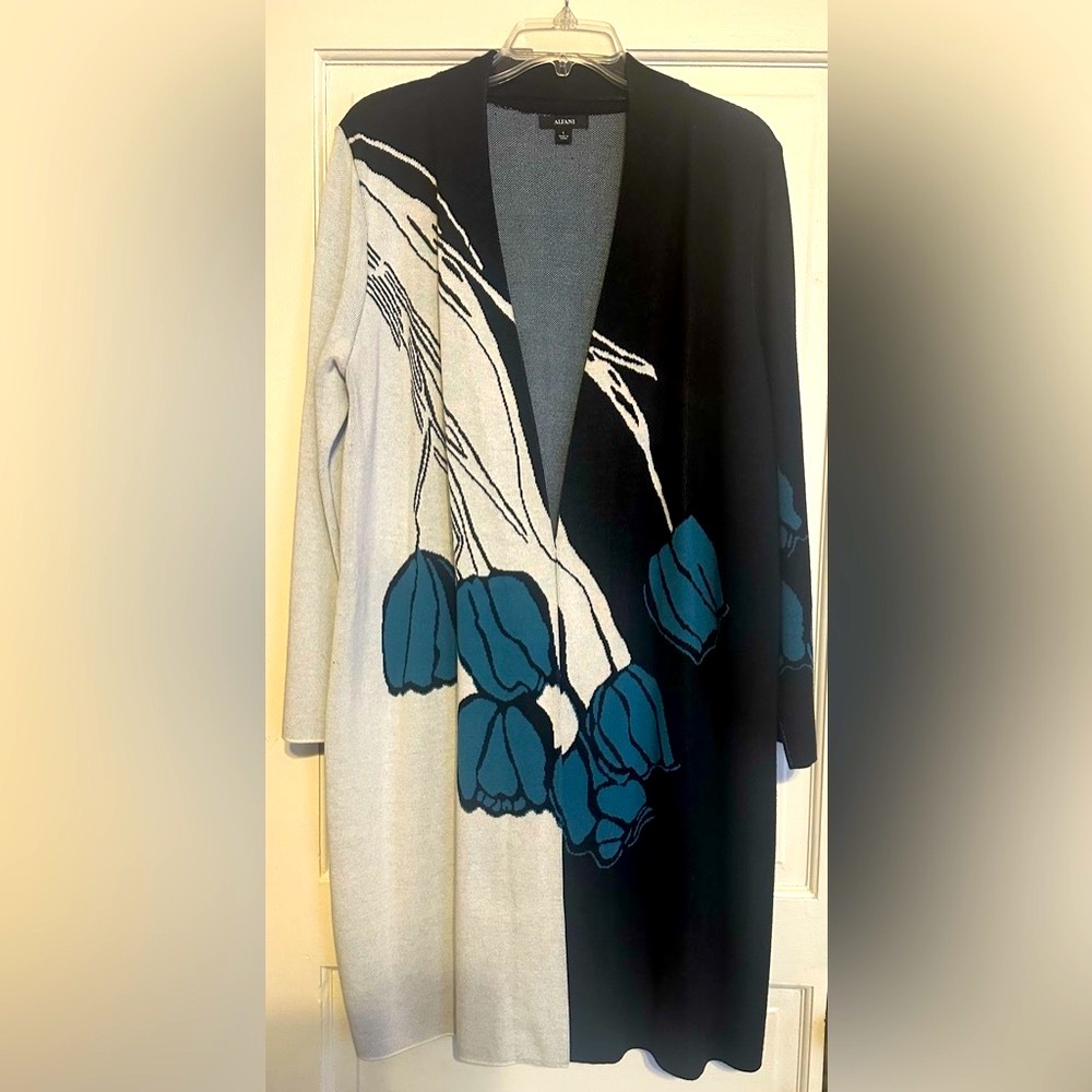 Alfani Black, Teal, and White Floral Knit Cardigan